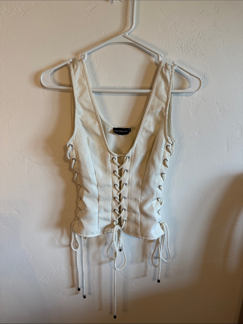 PrettyLittleThing Cream Lace-Up Corset Tank